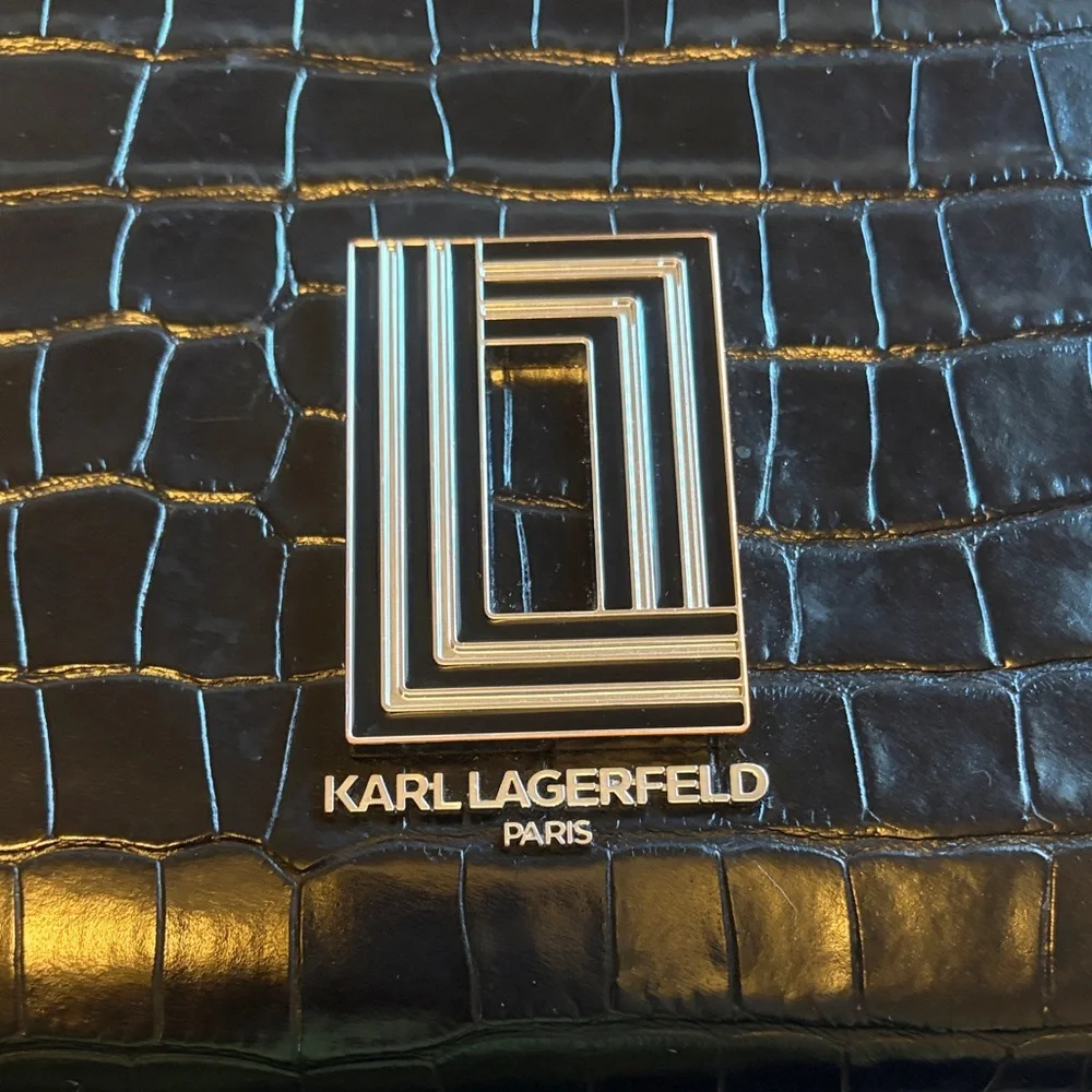 Karl Lagerfeld Black Leather Simone Alligator-Embossed Top Handle Bag